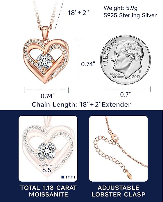 MomentWish Heart Necklace for Women Moissanite, Simulated Diamond, 925 Sterling Silver
