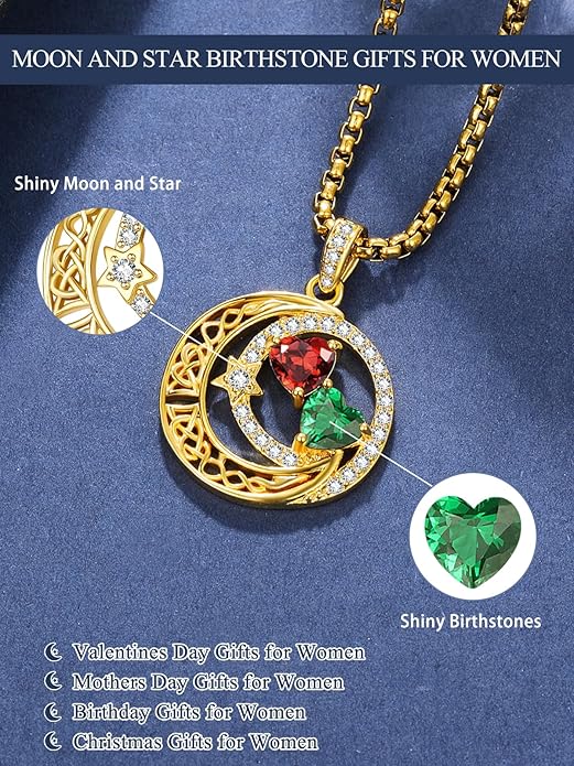 14K Gold Moon and Star Necklace Gifts for Women - Double Heart Birthstone Necklace, Valentines Wedding Anniversary Birthday Gifts for Her Wife Mom Daughter Grandma Sister