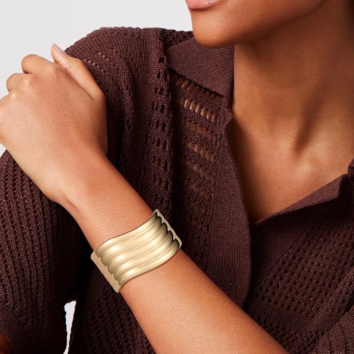 HZMAN 18K Gold Plated Wide Cuff Bracelet for Women - Premium Alloy Shiny Polished Double Layer Statement Bangle, Trendy Daily Wear Party Jewelry Accessory