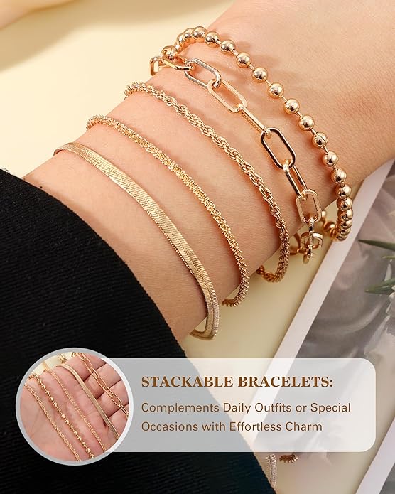 Gold Bracelets for Women, 14K Gold Plated Chain Bracelets Set for Women, Elegant Adjustable Bracelet Stack Jewelry Gifts for Womens