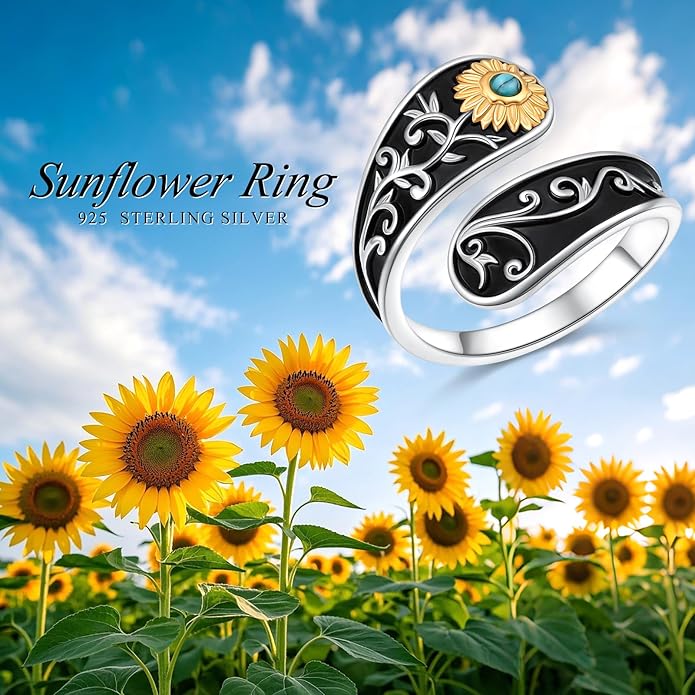 FLYOW Sterling Silver Sunflower Spoon Ring Victorian Style Boho Antique Flower Adjustable Open Ring Retro Statement Cubic Zirconial/Turquoise/Oxidized Thumb Rings for Women Birthday Christmas Jewelry