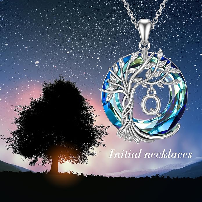 TOUPOP Gifts for Women Tree of Life Necklace 925 Sterling Silver Initial Pendant Family Tree Crystal Jewelry Valentine's Day Birthday Gifts for Her Mom Wife Girlfriend Daughter