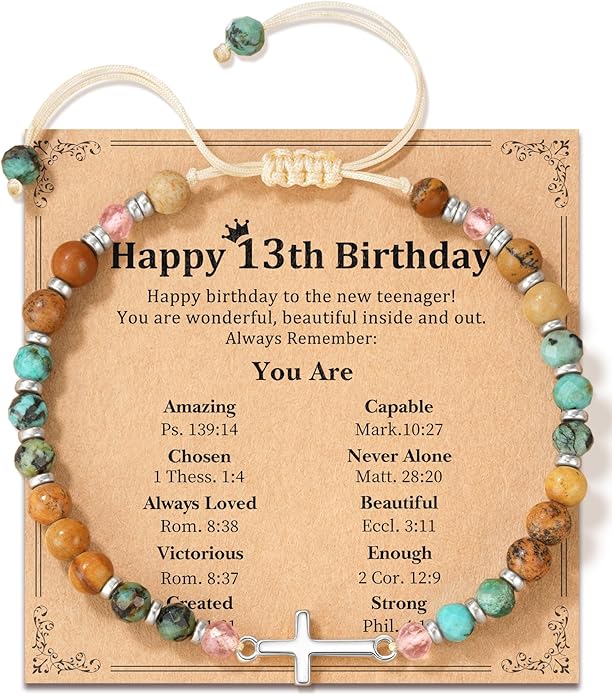 Cross Bracelet for Girls 10 13 16 Year Old Birthday Gifts, Natural Stone Adjustable Christian Jewelry with Inspirational Card for Daughter Granddaughter Niece