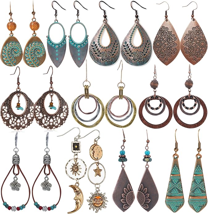 11 Pairs Vintage Drop Dangle Earrings for Women Boho Earring Jewelry Set Retro Flower Dangly Earring Teardrop Sun and Moon Earrings for Mother's Day Christmas