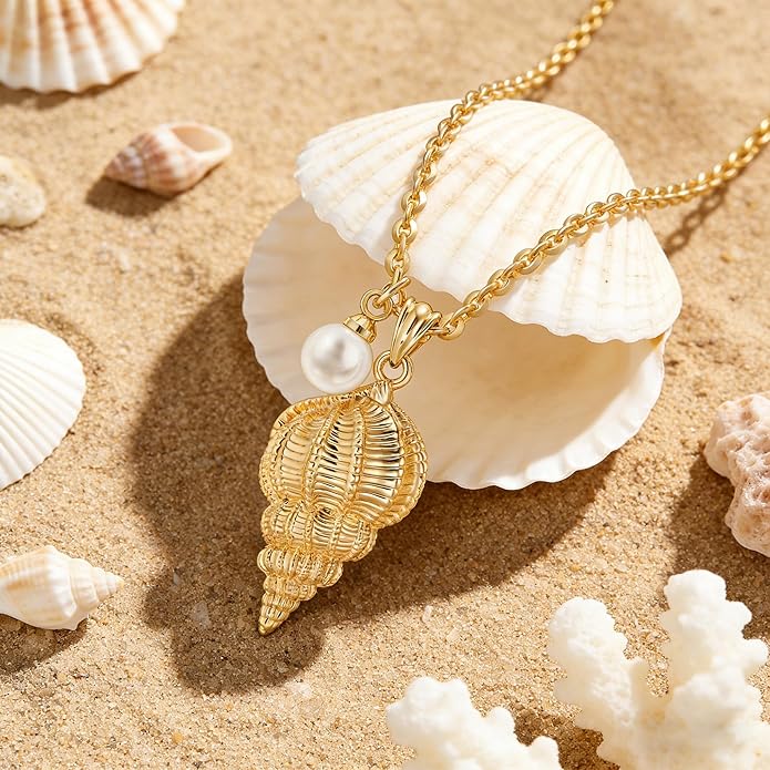 MEVECCO Dainty Gold Pendent Necklace for Women 18K Gold Plated Pearl CZ Starfish Seashell Conch Star Crab Boho Handmade Ocean Chain Necklace Summer Beach Jewelry Gift