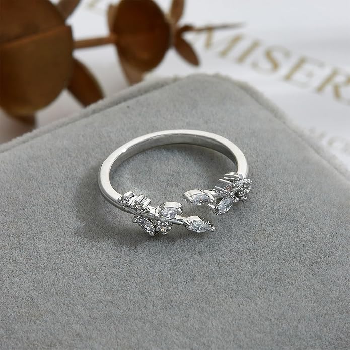 Gold Rings Non Tarnish Silver Adjustable Rings for Women Cubic Zirconia Leaf Ring Dainty Silver Stackable Ring for Women