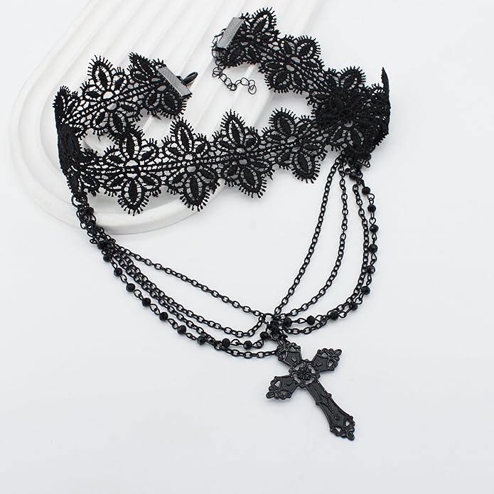Black Lace Choker Gothic Cross Necklace Zinc Alloy Black Cross Pendant Layered Beads Necklace Halloween Punk Goth Jewelry Gift for Women