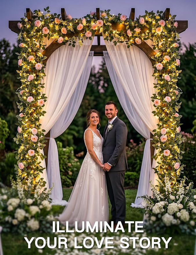 60LED Garland with Pink Camellia Lights Battery Operated Clear Wire | Vines - Image 4