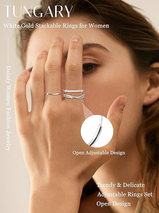 Tungary Gold Stackable Rings for Women Non Tarnish Open Adjustable Thin Thumb Silver Rings 14K Gold Plated Stacking Cubic Zirconia Knuckle Pinky Ring Set Dainty Statement Promise Wedding Band Ring