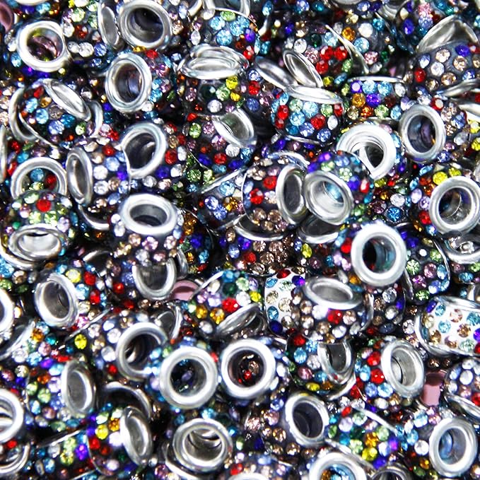 150Pcs Rhinestone Large Hole Beads Spacer Beads Black Color European Craft Big Beads Large Hole Rhinestones Lampwork Bead Fairy Wand Garden Beads for DIY Bracelet Necklace Jewelry Making Supplies
