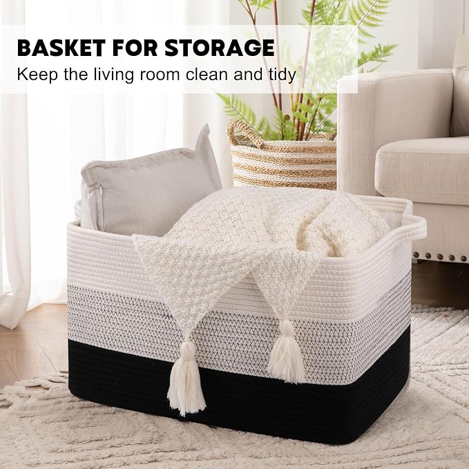 OIAHOMY Large Blanket Basket, 65L Cotton Rope Woven Laundry Basket, Toy Bin - Image 2