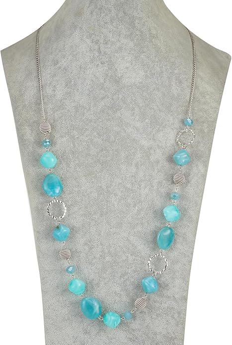 BULINLIN Beaded Long Necklace for Women Silver Sweater Chain Necklace with Crystal Resin Beads, Fashion Jewelry Necklace
