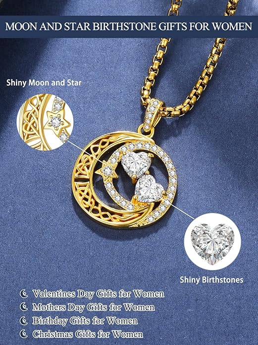 14K Gold Moon and Star Necklace Gifts for Women - Double Heart Birthstone Necklace, Valentines Wedding Anniversary Birthday Gifts for Her Wife Mom Daughter Grandma Sister