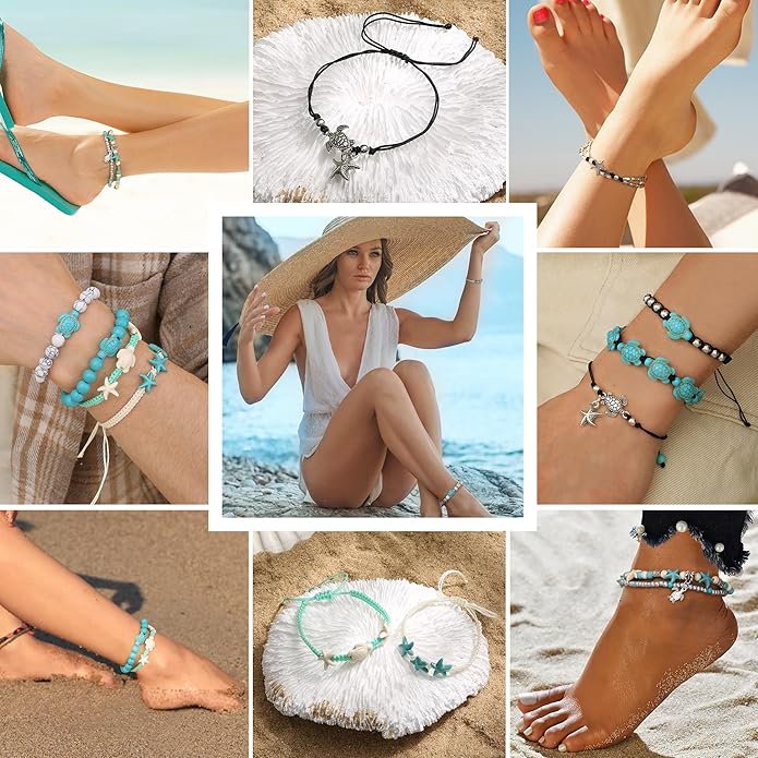 FASACCO 10 PCS Turtle Ankle Bracelets for Women Waterproof Handmade Starfish Sea Turtle Bracelet Adjustable Boho Summer Beach Bracelets for Women Men Bahamas Souvenirs