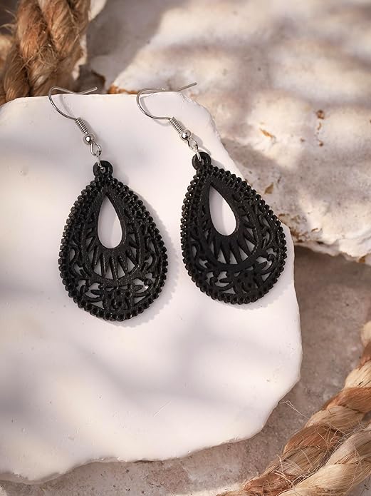 MINACHI Bohemian Hollow Cut-Out Wood Leather Dangle Drop Earrings, Boho Chic Hippie Statement Jewelry Gift for Women