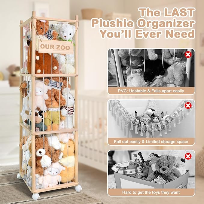 Stuffed Animal Storage, Wooden Cute Zoo Toy Holder with Brake Wheels, Space Save Toy Organizer, Large Capacity Stuffed Animal Holder, Perfect for Nursery Playroom Kidroom Bedroom-54 Inch