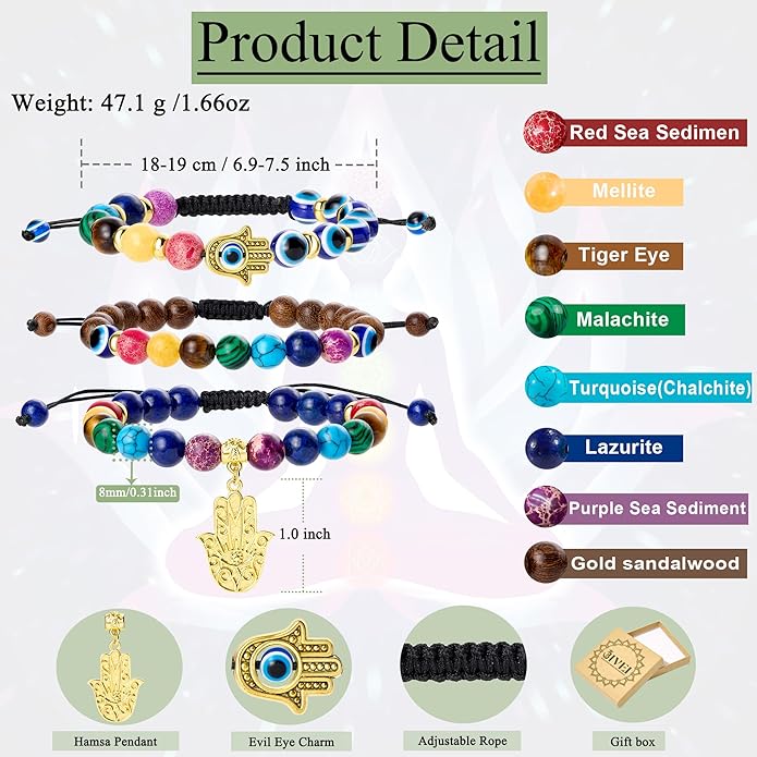 Bivei Chakra Bead Bracelets for Women - 8mm 7 Chakra Bracelet With Real Stones Yoga Gemstone Jewelry 3 Pack