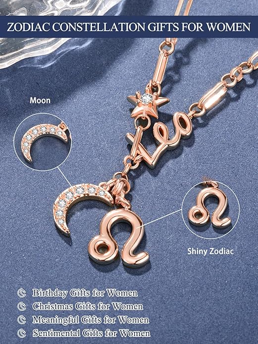 14K Gold/Rose Gold Zodiac Necklace for Women - Horoscope Constellation Pendant with Moon and Star, Luxury Birthday Gifts Jewelry for Her (12 Zodiac Signs)