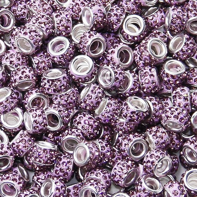 150Pcs Rhinestone Large Hole Beads Spacer Beads Purple European Craft Big Beads Large Hole Rhinestones Lampwork Murano Bead Fairy Wand Garden Beads for DIY Bracelet Necklace Jewelry Making Supplies