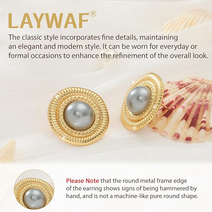 Faux Pearl Gold Plated Stud Earrings for Women, Hypoallergenic Stainless Steel Ear Pin, Available in a Variety of Pearl Colors