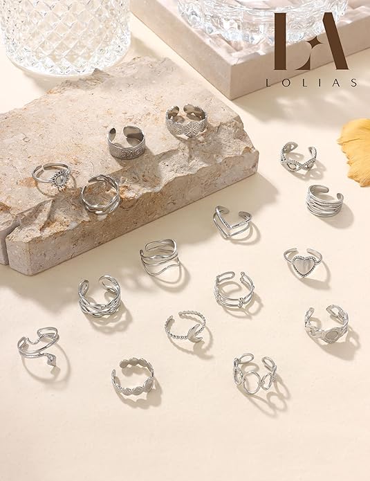 LOLIAS 16Pcs Stackable Stainless Steel Rings for Women Chunky Silver Rings Non Tarnish Ring Open Adjustable Thumb Finger Statement Ring Set