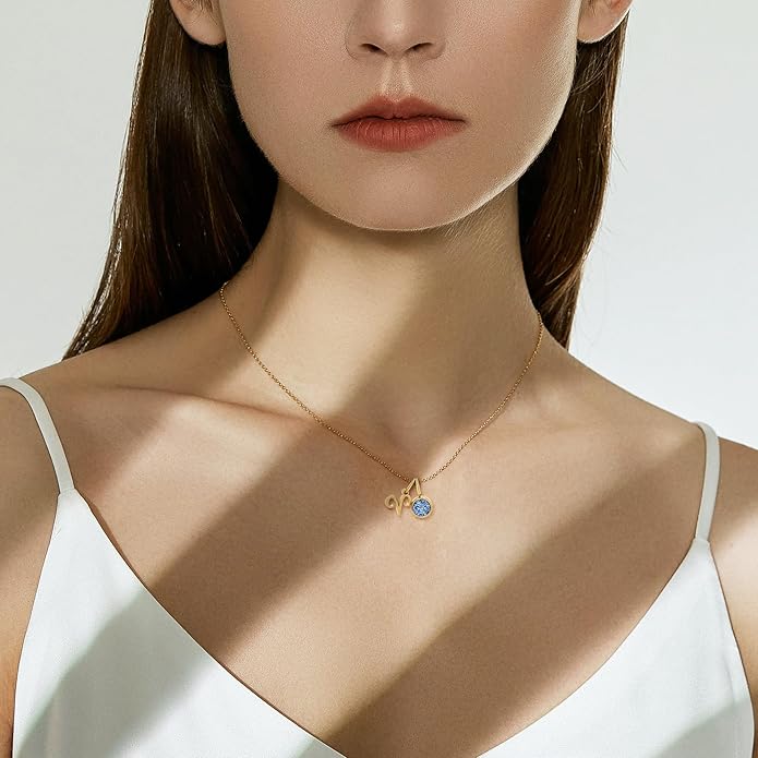 MISS RIGHT Initial Birthstone Necklace for Women - Personalized Gifts Birthday Gifts for Women Stainless Steel 18K Gold Plated Dainty Gold Zodiac Sign 12 Constellation Horoscope Necklace Jewelry