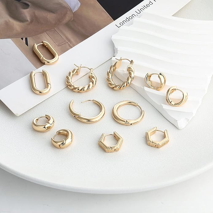 Wgoud 6 Pairs Gold Hoop Earrings Set for Women, 14K Gold Plated Hypoallergenic Lightweight Chunky Open Huggie Hoops Earrings Jewelry for Gifts.