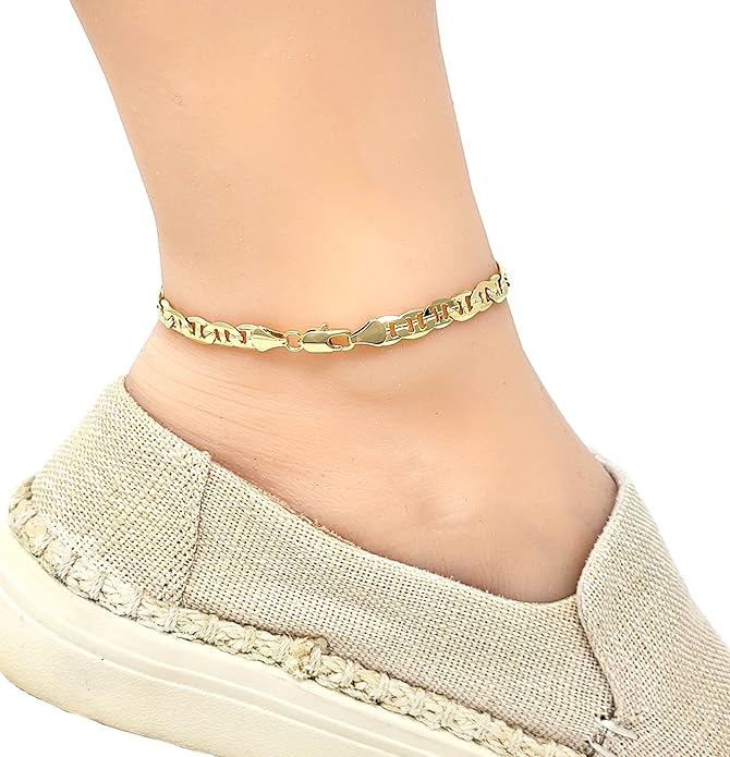 Gold Electroplated Anklet for Women, 9-12 Inch Sizes, Figaro, Cuban, Mariner, Herringbone Design - Made in Korea