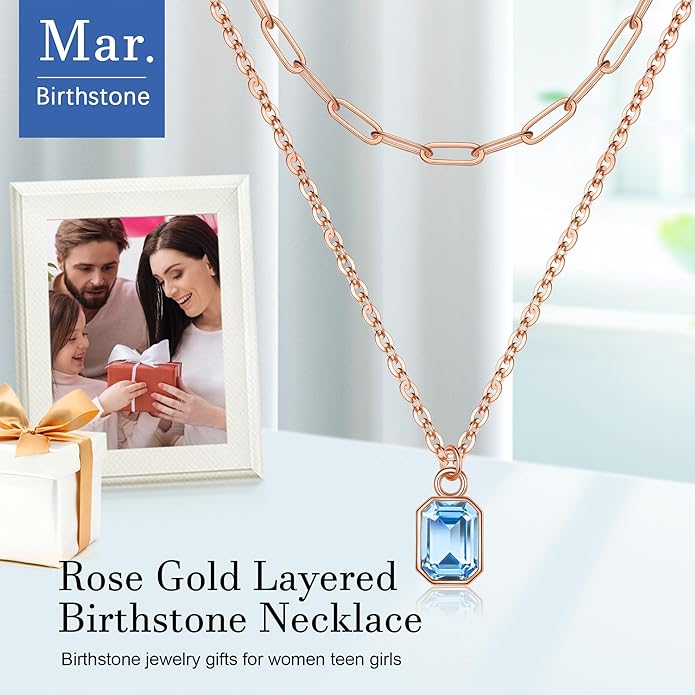 Layered Birthstone Necklace for Women Girls, 14K Gold-Plated Paperclip Chain Choker Necklace with Rectangle Birthstone Pendant Birthday Gifts for Women Girls Dainty Small