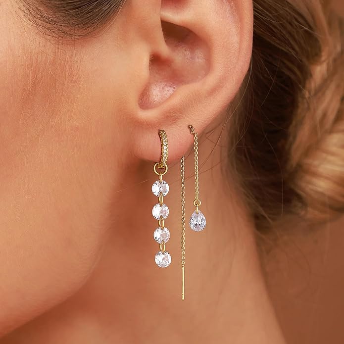 Dangle Earrings For Women Trendy 14K Gold Plated Drop Silver Long Dangling Dainty CZ Simple Hanging Jewelry