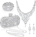 Quelay 4 Pcs Purse Rhinestone Jewelry Set Evening Clutch Bag Bling Crystal Necklace Dangle Earrings Bracelets Accessories