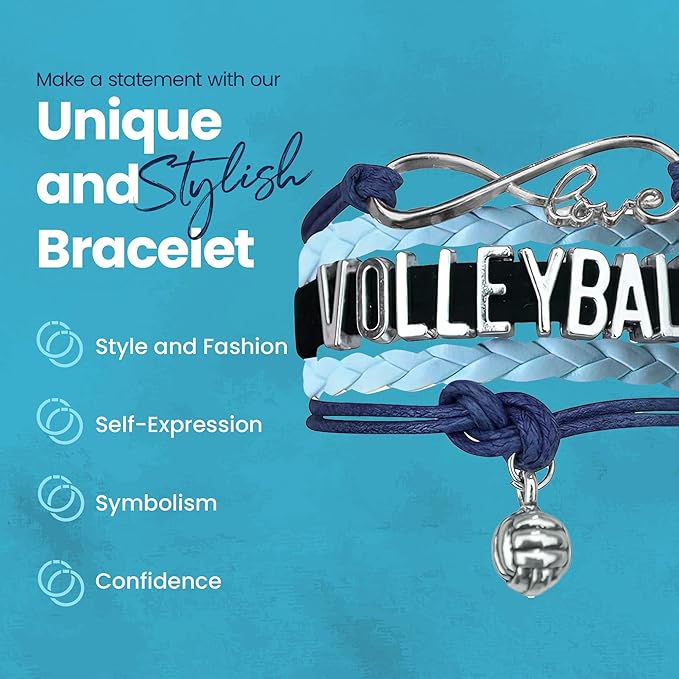 Volleyball Bracelets For Girls- Ideal Volleyball Gifts & Souvenirs. Adjustable Charm Bracelet with Moveable Letters, Infinity Symbol & Silver Volleyball Charm. Fashionable Bracelets by SportyBella.