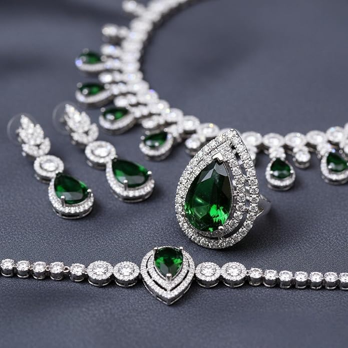 Rhinestone Wedding Bridal Jewelry Set Women's Prom Style Emerald Teardrop Necklace, Earrings, Bracelet, Ring Wedding Bridesmaid Gift Pairs With Evening Gowns