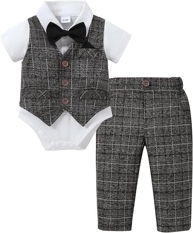 DISAUR Baby Boy Clothes Toddler Boy Outfits 4PCS Gentleman Dress Romper/Vest/Pants/Bow Tie Cotton Suit Sets