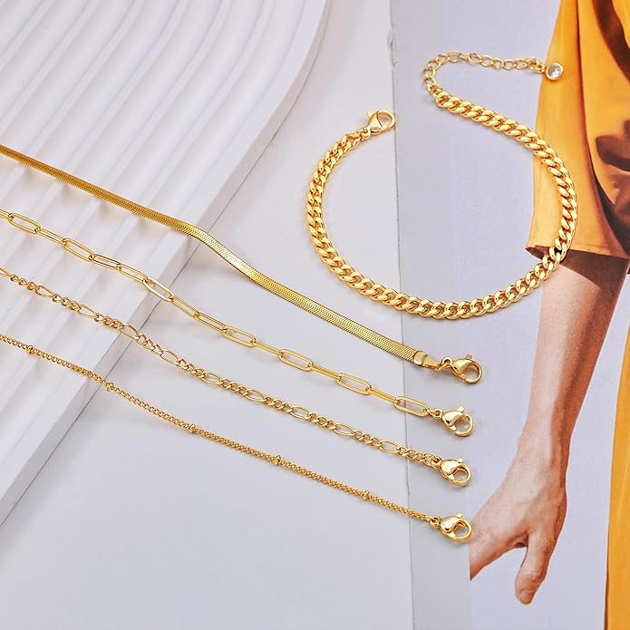 DEARMAY Gold Bracelets for Women Waterproof, 14K Gold Plated Jewelry Sets Trendy Thin Dainty Stackable Cuban Link Paperclip Chain Bracelet Pack Fashion Accessories Gifts for Womens