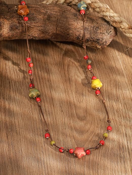 MINACHI Hippie Bohemian Colorful Ceramic Bead Long Strand Necklace, Boho Hippie Beach Summer Statement Jewelry Gift for Women