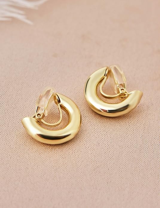 FAN&LOUIS Gold Clip On Hoop Earrings,Gold Silver Chunky Small Open Hoops Clip-On Earrings for Women Trendy Non-Pierced Ears Lightweight Teen