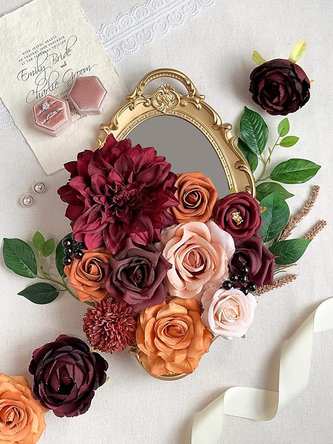 FACINOC Artificial Flowers Orange Burgundy Fake Flowers Dahlia Roses Bulk | DIY - Image 2