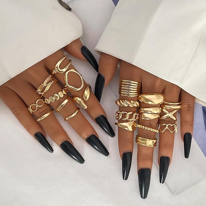 KISS WIFE Goldenen Silvery Black Kunckle Rings Set for Women, Dainty Simple Trendy Cute Stackable Finger Rings Pack, Perfect for Stacking Layering on Thumb and Knuckle, Mixed Size, Jewelry Gift