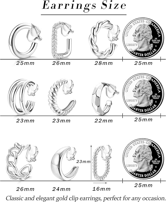 THUNARAZ 9 Pairs Clip on Earrings for Women 14K Gold Plated Chunky Hoop Clips Earring Trendy Clip on Hoop Earrings for Women Non-Pierced Fake Jewelry