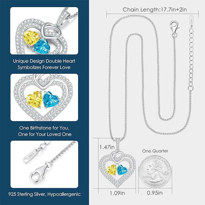 LOUISA SECRET Sparkling Double Heart Birthstone Necklaces for Women, 925 Sterling Silver Fine Jewelry, Pendant Heart Necklaces Birthday Anniversary Christmas Gift for Women Wife Mom Girlfriend Lady