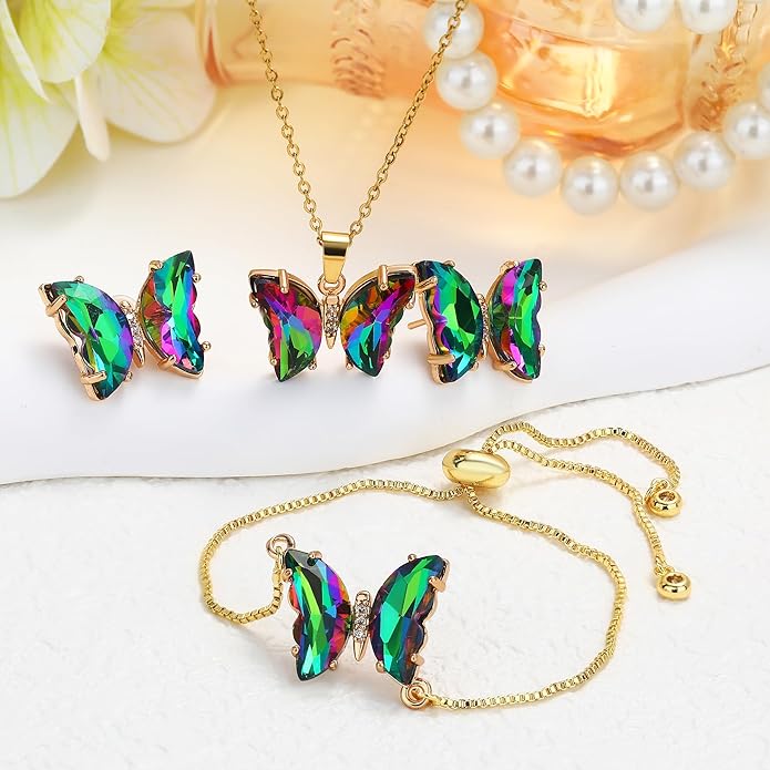 MISS RIGHT Butterfly Crystal Jewelry Set with Butterfly Necklace Stud Earrings Bolo Bracelet Adjustable Ring for Women Trendy, Iridescent Y2K Dainty Butterfly Jewelry Gifts