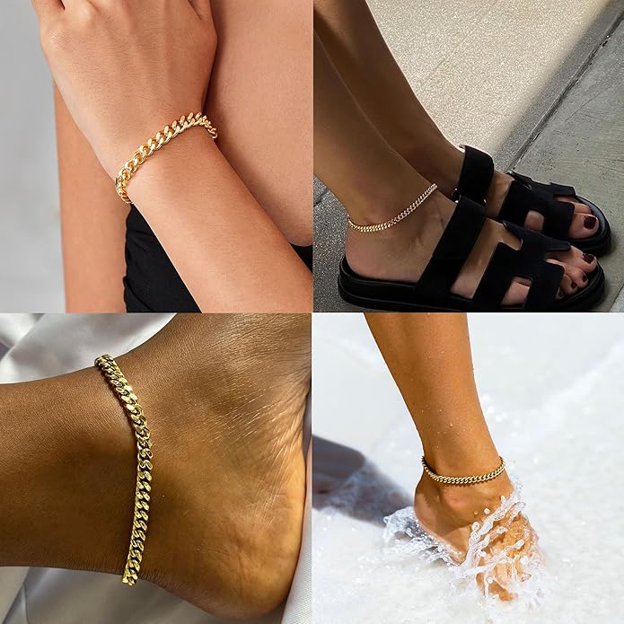 Foxgirl Gold Ankle Bracelets for Women 14K Gold Plated/Silver Anklets for Women Waterproof Minimalist Cuban Link Anklets Set Dainty Layered Ankle Bracelets Anklets for Women Gold Anklet Jewelry Gifts