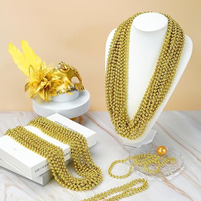 YAXINRUI 12 PCS Gold Bead Necklaces, Christmas Bead Necklaces, Gold Mardi Gras Beads, 33 Inch Round Beaded Necklaces for Mardi Gras Party Christmas New Year Eve Festive Events, Party Favors