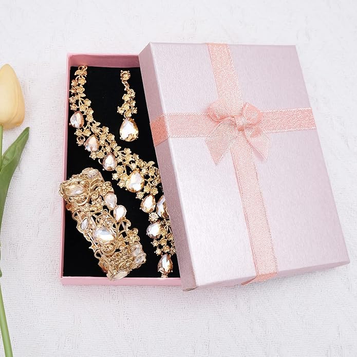 CSY Elegant Crystal Costume Jewelry Sets Flower Bridal Necklace Earrings Stretch Bangle Set for Bride Bridesmaid Wedding Dress Accessories