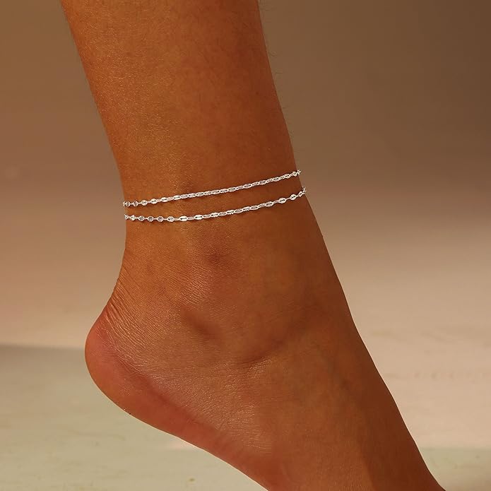 DEARMAY Dainty 14K Gold Plated Ankle Bracelets for Women, Waterproof 14K Gold Plated Link Chain Anklets Non Tarnish Set Pack Summer Beach Jewelry Gift