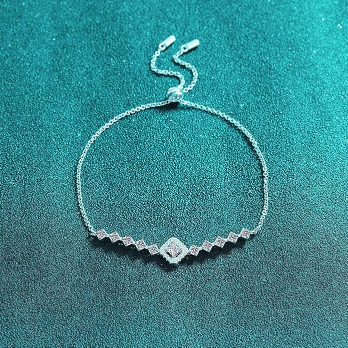 14K White Gold Over S925 Sterling Silver Princess/Round Cut D-color VVS1 Diamond Bracelet, Adjustable Chain with 0.7ct/0.5ct/1ct Diamond, Ideal Surprise for Trendy Women