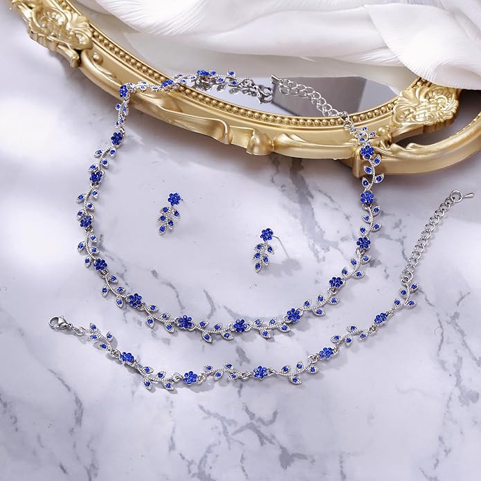 BriLove Wedding Jewelry Set for Women Bride, Gorgeous Stunning Crystal Flower Leaf Cluster Choker Necklace Link Bracelet Stud Earrings Bridal Bridesmaid