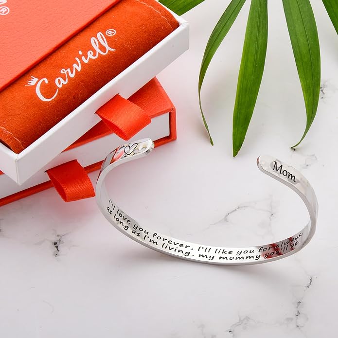 Carviell Engraved Cuff Bracelets for Women – Inspirational, Friendship, Love, Mom, Daughter, Sister, Christian, Graduation, Memorial & Wedding Gifts – 80+ Phrases – Stainless Steel, Gift-Ready