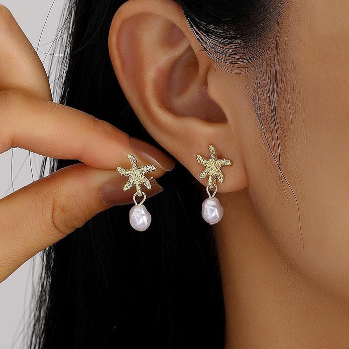 Gold Starfish Earrings for Women Trendy Dainty Starfish Statement Stud Earrings Hypoallergenic Summer Beach Ocean Coastal Jewelry